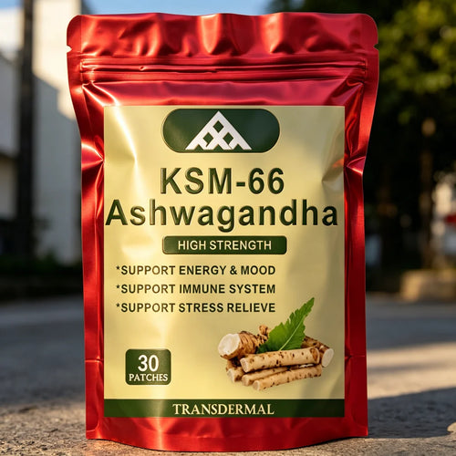 Red pouch of 30 KSM-66 Ashwagandha transdermal patches for adaptogen stress relief and energy support.
