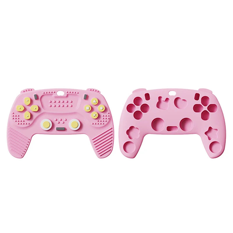 Pink silicone baby teething toy in video game controller design for soothing sore gums.