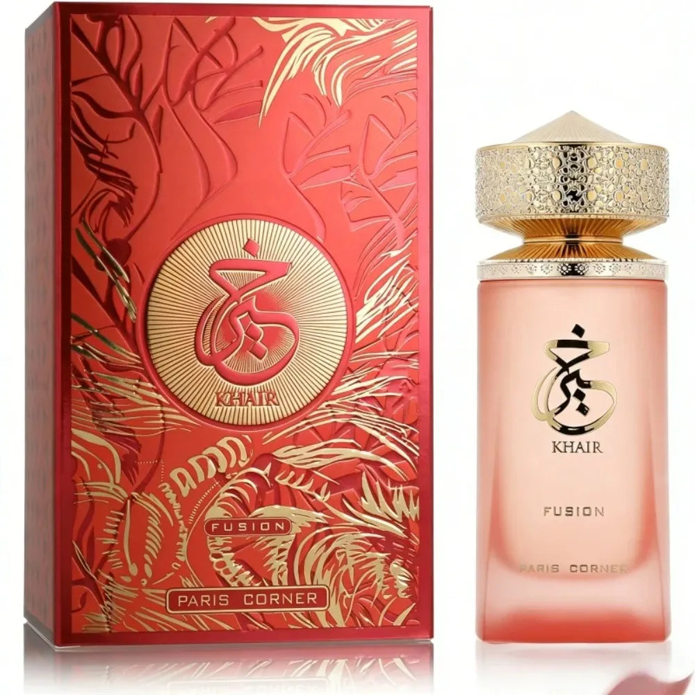 Paris Corner Khair Fusion EDP 100ml: Arabian unisex perfume in a sleek frosted bottle with an ornate gold cap.