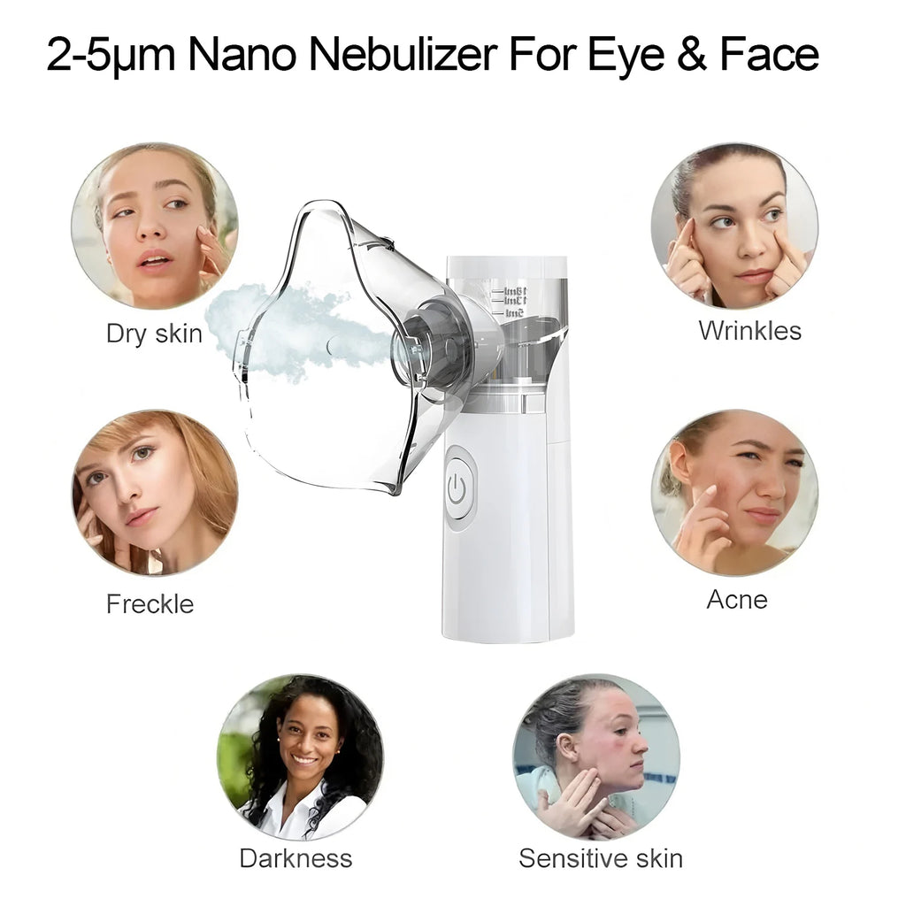 White portable nano eye and face steamer mask with mist sprayer for dry eyes, skin hydration, and fatigue relief.