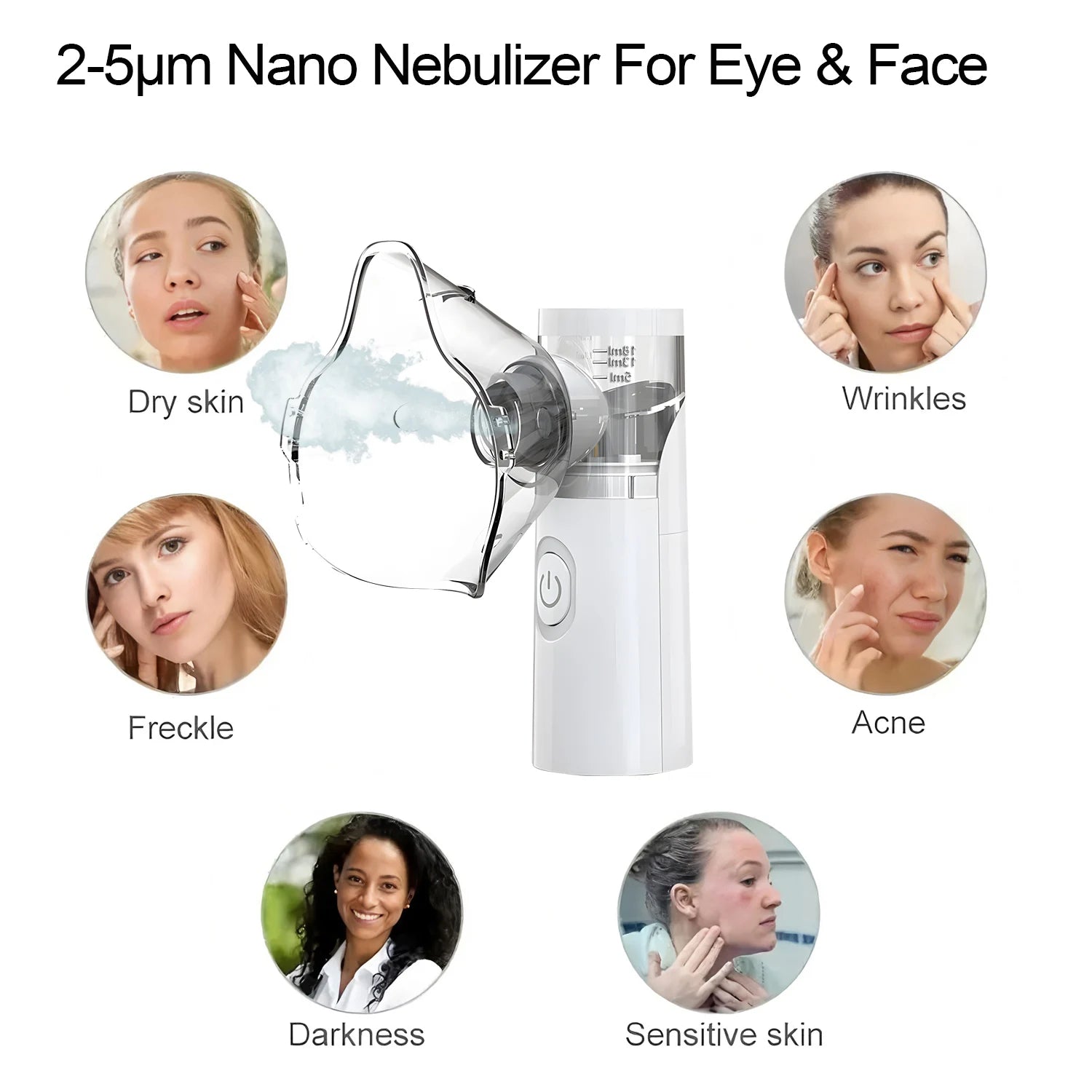 White portable nano eye and face steamer mask with mist sprayer for dry eyes, skin hydration, and fatigue relief.
