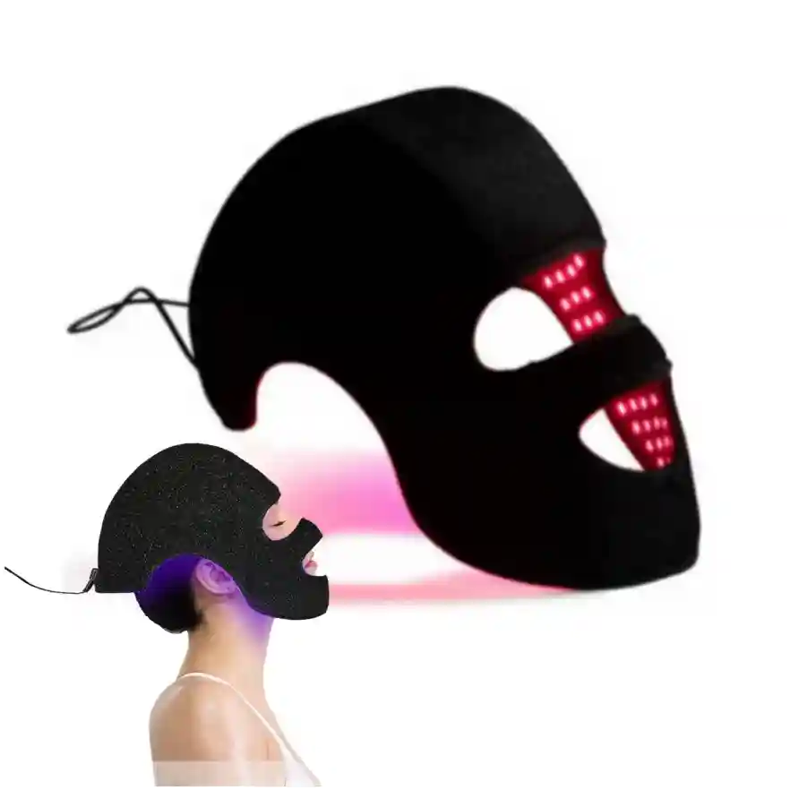 Black LED hat and face mask for red light therapy, 660nm+850nm LLLT for skin rejuvenation and hair loss prevention.