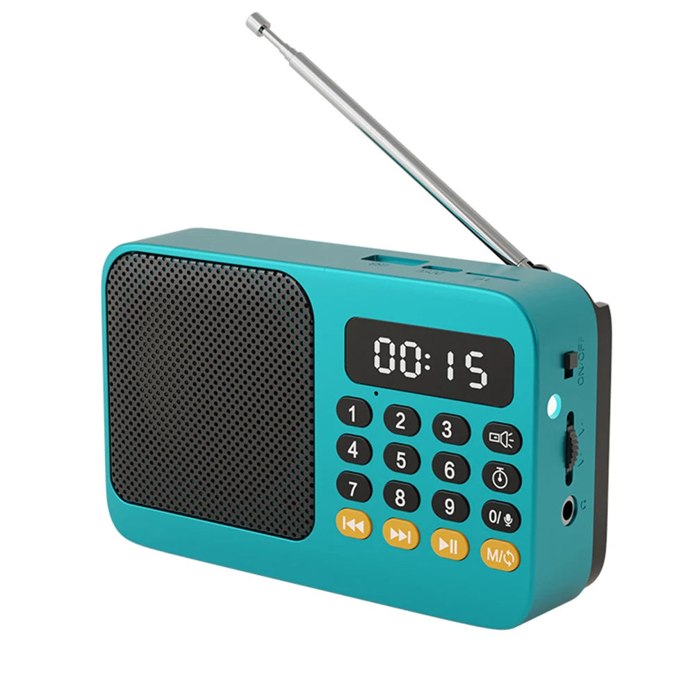 Portable FM radio speaker with keypad, antenna, and digital display, teal blue