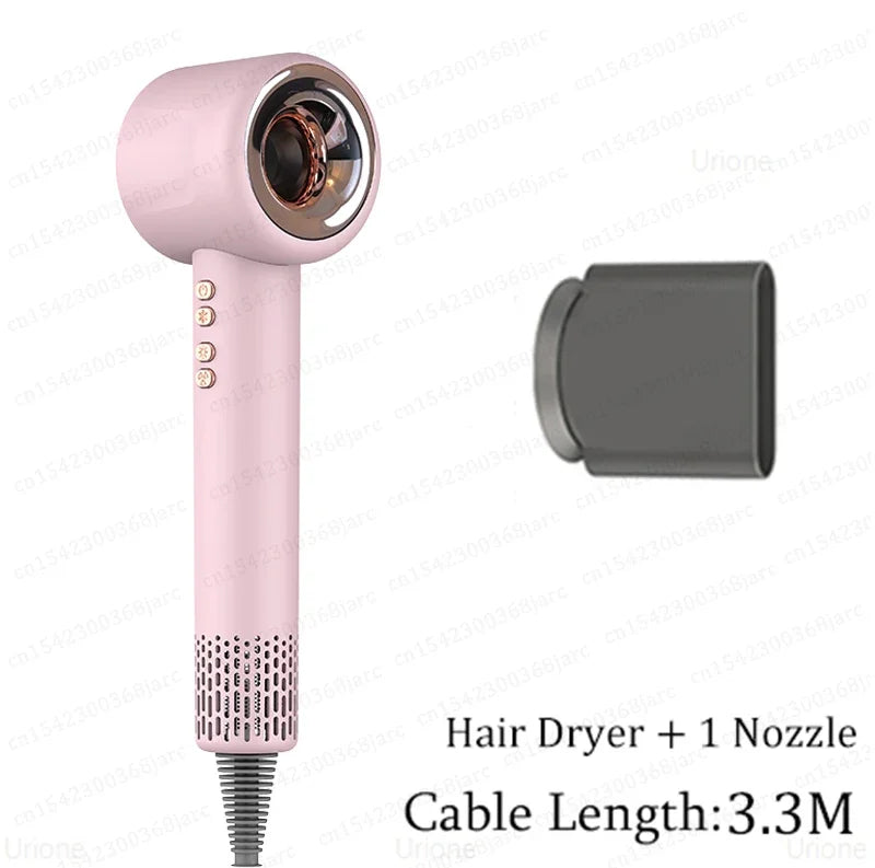 Pink negative ion leafless hair dryer with styling nozzle attachment for professional salon-quality styling.