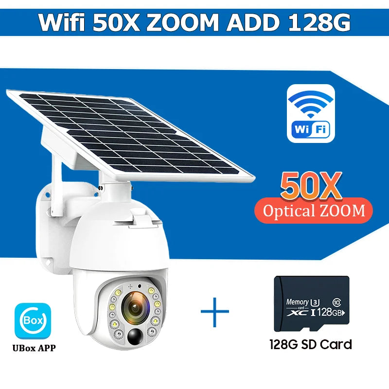 WiFi PTZ security camera with solar panel, white housing, 50x optical zoom, 128GB SD