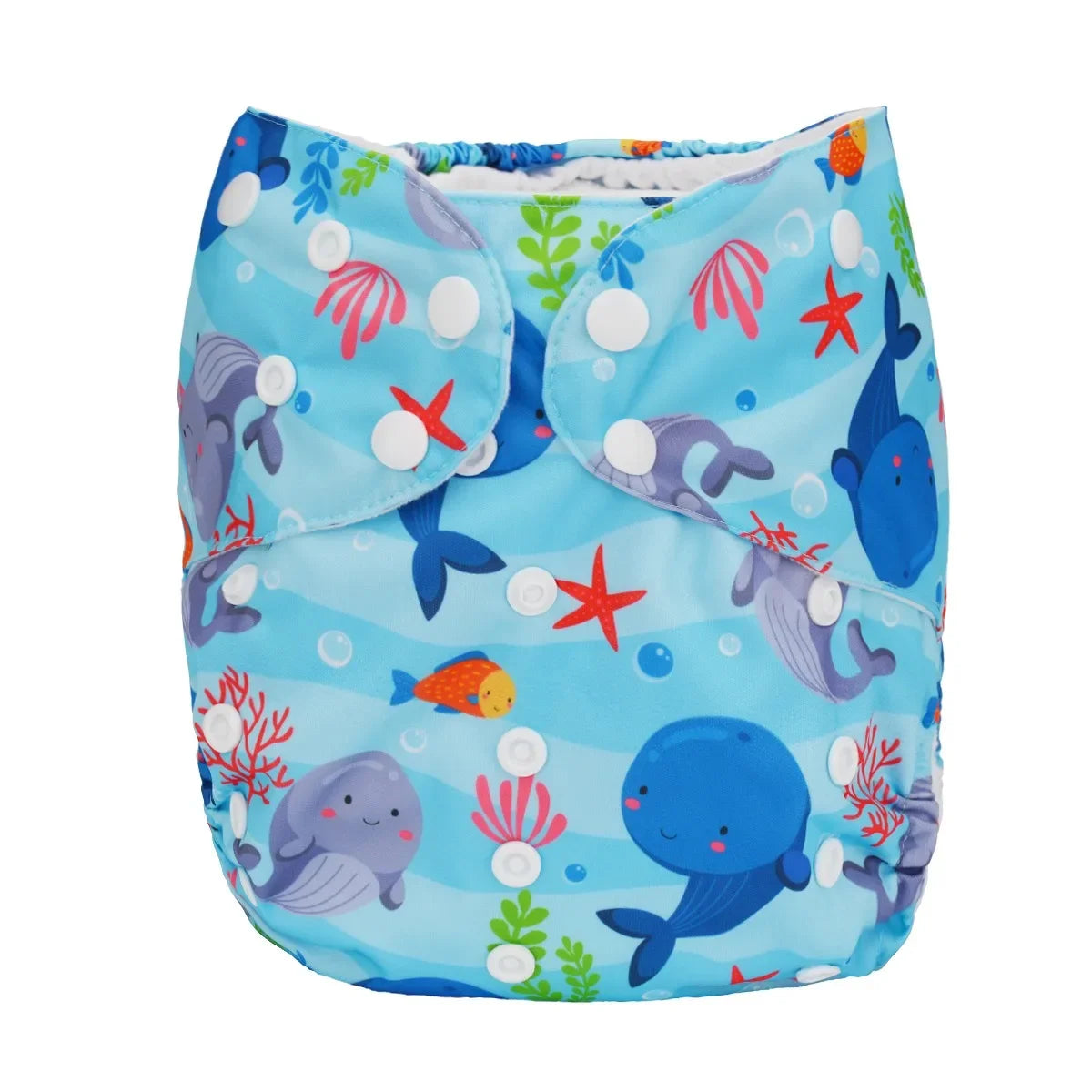 Adjustable reusable baby cloth diaper with blue ocean whale and fish print featuring white snap closures.
