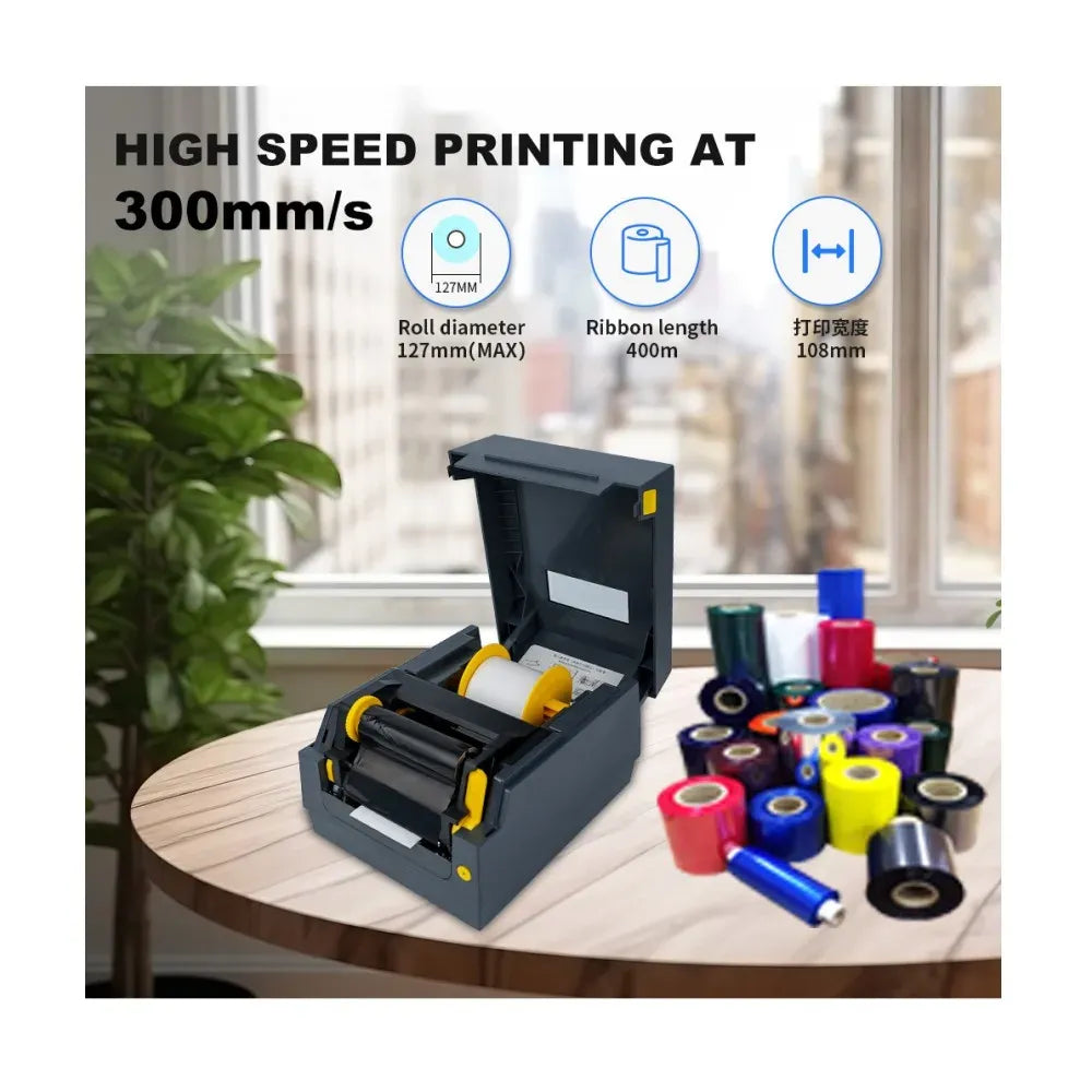Desktop 110mm Barcode Shipping Label Printer USB Interface Thermal Transfer Printer With Ribbon
