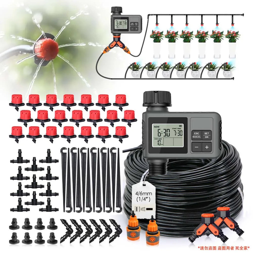 LCD garden irrigation timer and PVC hose set with rotating adjustable sprinklers and stakes