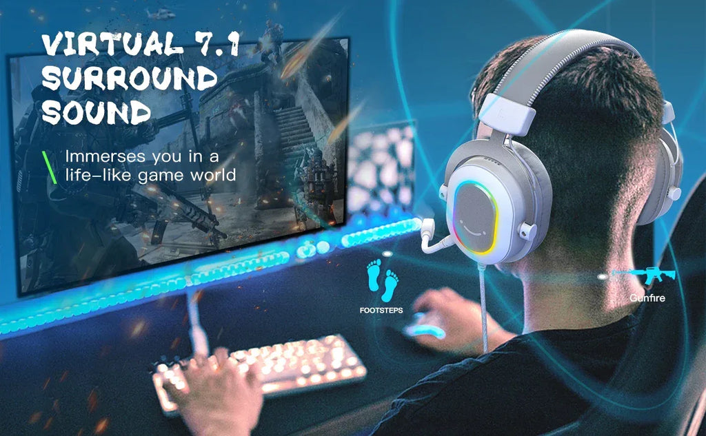 FIFINE RGB Gaming Headset with 7.1 Surround Sound/3-EQ/MIC,Over-ear Headphone with In-line Control for PC PS4 PS5 Ampligame-H6W Tidesmit