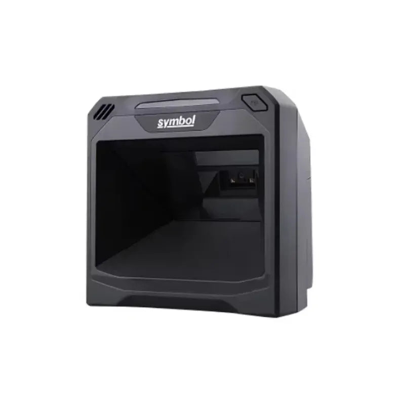 Gray 2D barcode scanner with front display window and symbol branding