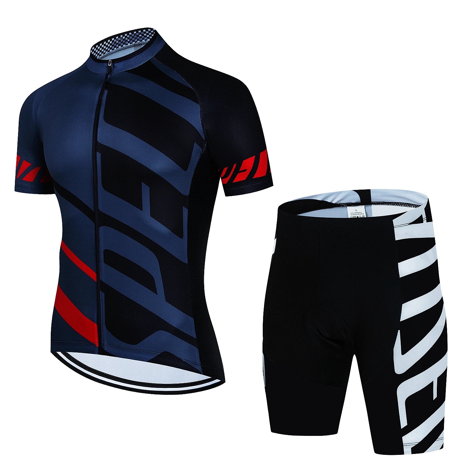 Tidesmit cycling jersey and shorts set in blue and black with red accents, featuring technical moisture-wicking fabric.