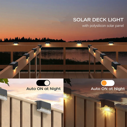 Solar deck step lights lining a wooden railing with warm white glow at night.