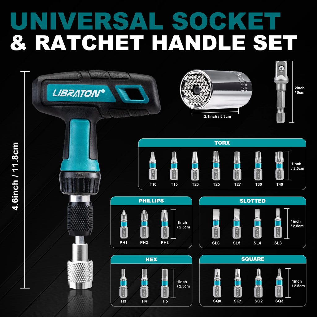 LIBRATON 24PCS Universal Socket & Ratchet T-Handle Screwdriver Bit Set Socket Adapter Magnetic Ratcheting Handle for DIY Repair