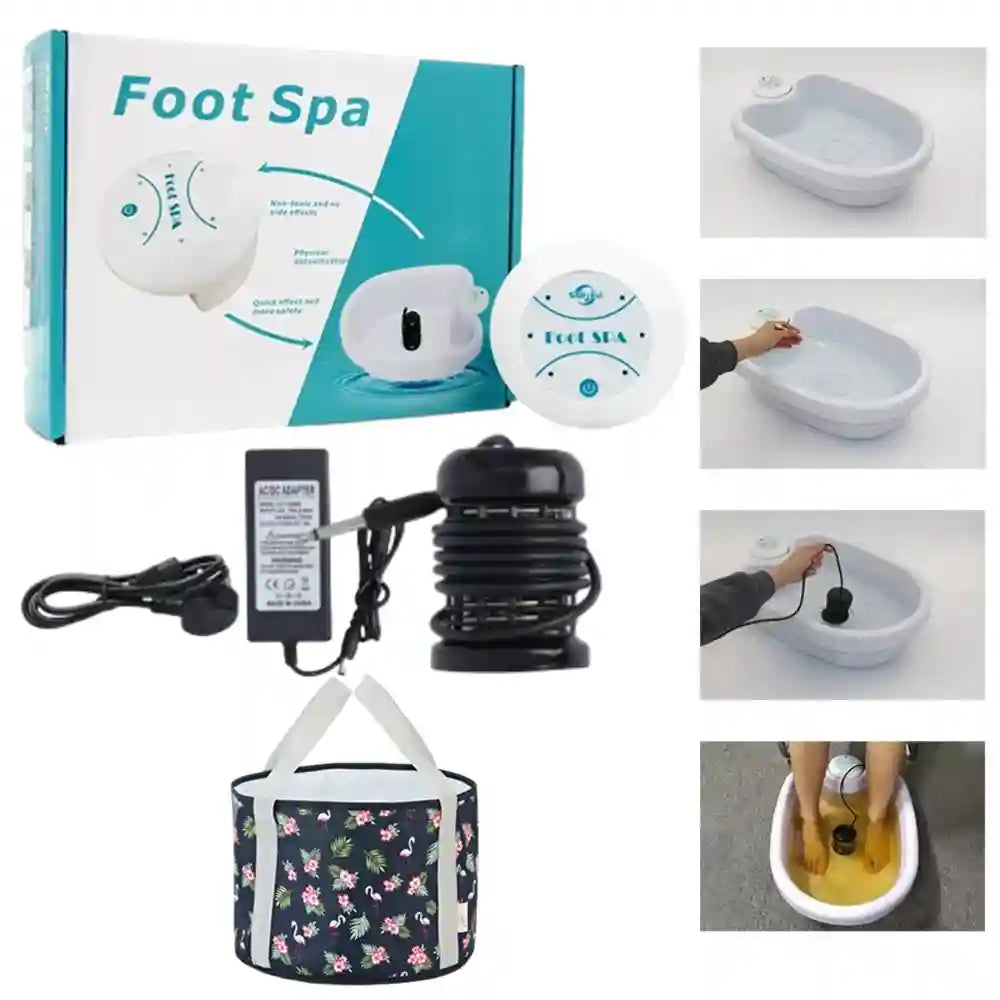 Electric detox foot spa bath machine with ion array, power adapter, and foldable basin for relaxing home foot massage.