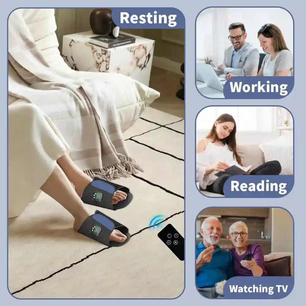 EMS electric foot massager pad with remote, wearable black circulation stimulation device for relaxation while at home.