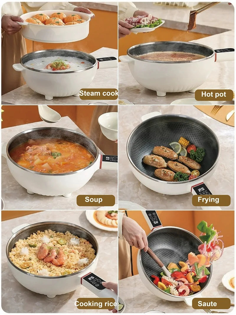 Multi-function electric cooking pot showing steam, hot pot, soup, frying, rice, and sauté.