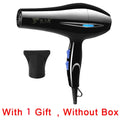 Black professional hair dryer with EU plug, hot/cold settings, and nozzle attachment for salon or home use.