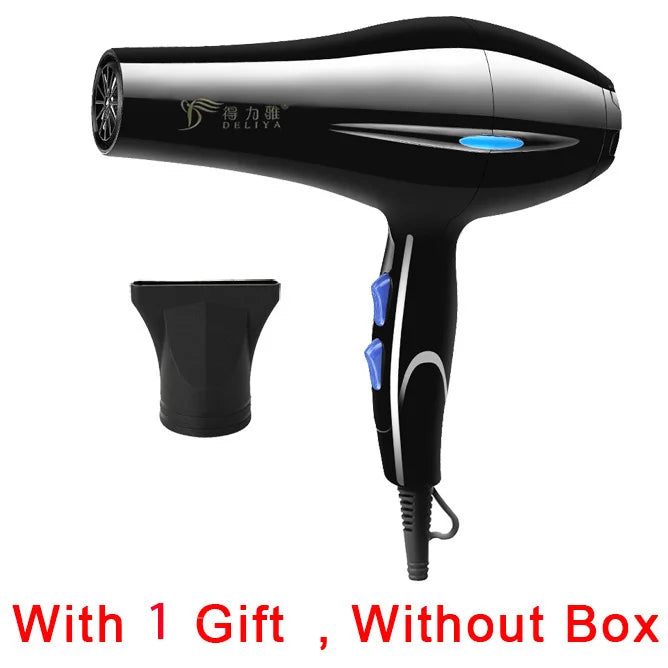 Black professional hair dryer with EU plug, hot/cold settings, and nozzle attachment for salon or home use.