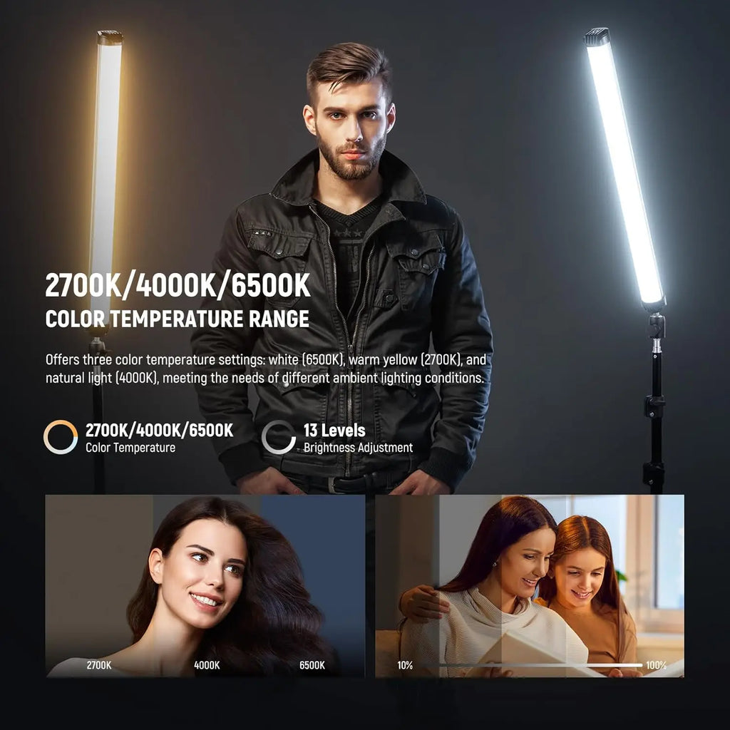 Two vertical LED light bars on stands with adjustable color temperatures and brightness for studio and portrait
