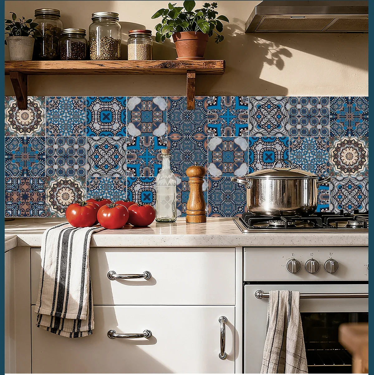 Dark Grey Vintage Boho Floral Tile Stickers Self Adhesive Glossy PVC Waterproof Decals Cabinet Kitchen Bath Wall Backsplash Deco