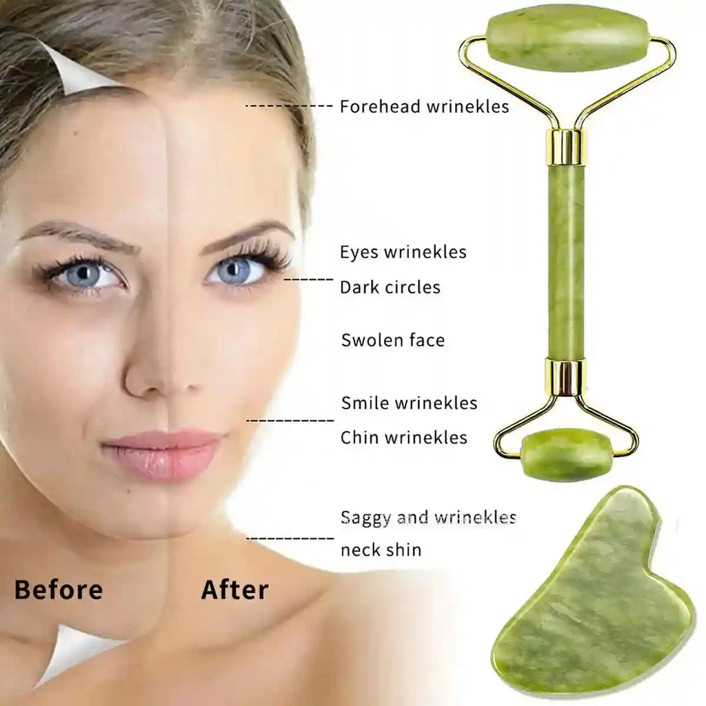 Green jade facial roller and heart-shaped gua sha tool shown next to a diagram of a face with skin benefits labeled.