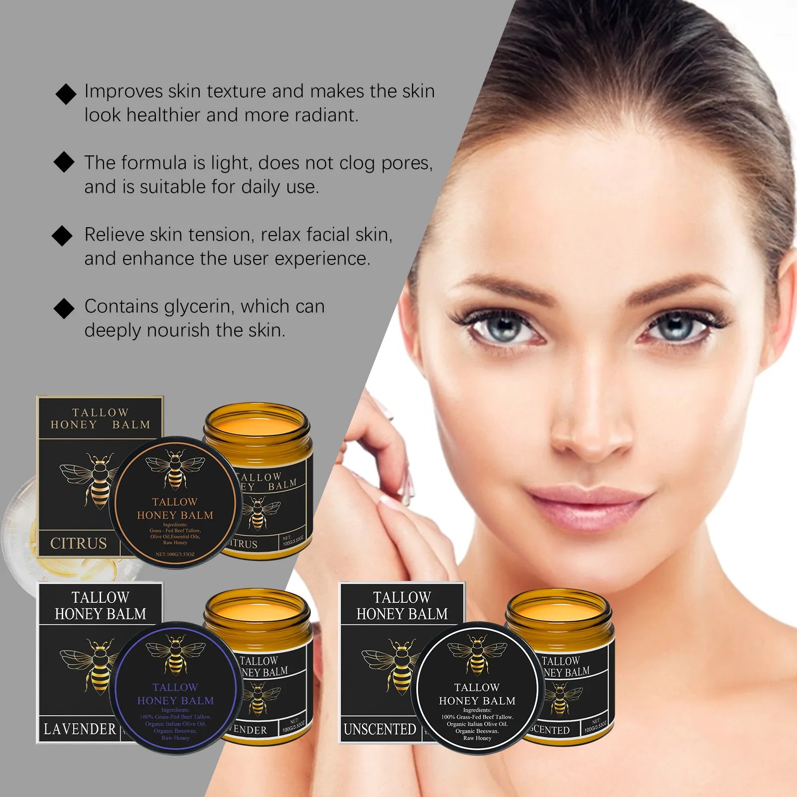 Tallow and Honey Balm Long Lasting Moisturizing Skin Firming Deep Nourishing Non-greasy Tallow Honey Balm for Dark Spots Removal