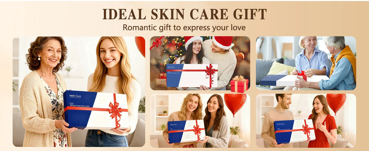 A collage showing people gifting the Hello Face L6 LED mask, packaged in a white and blue gift box with a red ribbon.