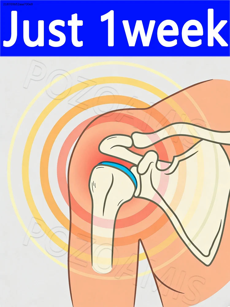 An anatomical illustration of a human shoulder joint with a red glowing area indicating pain and orange pulse rings.