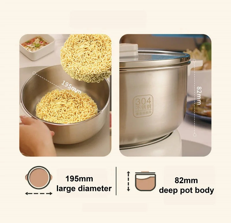 Stainless hot pot size view: 195mm wide diameter, 82mm deep pot body