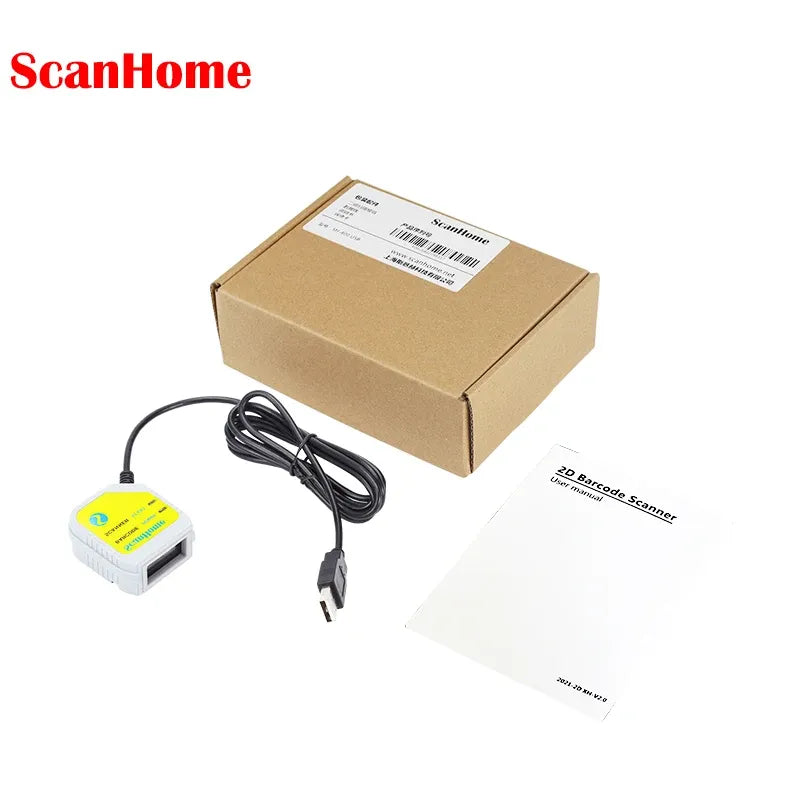 Barcode scanner kit with white scanner, black cable, and brown shipping box