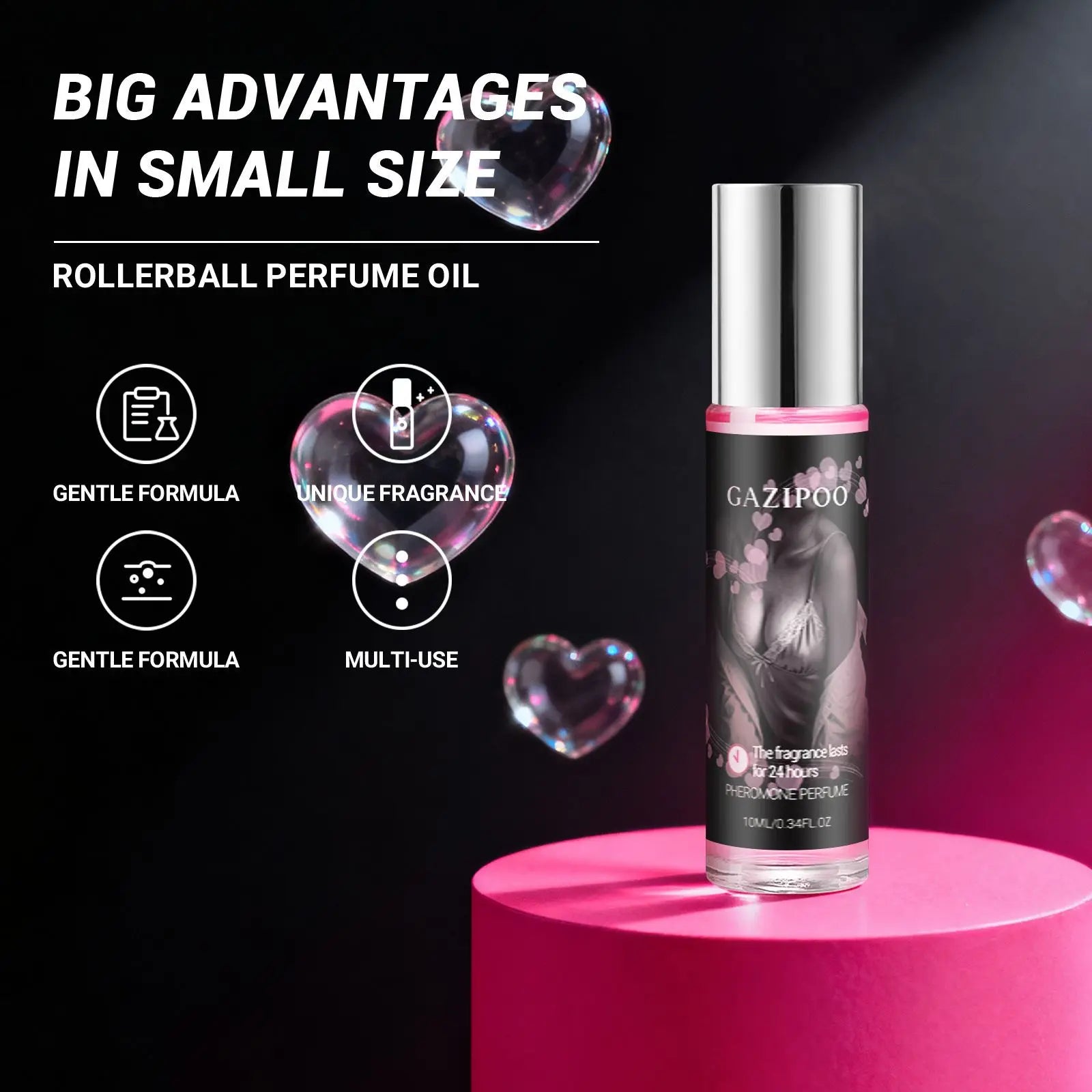 Gazipoo pheromone rollerball perfume oil for women. Long-lasting natural scent in a sleek 10ml glass bottle.