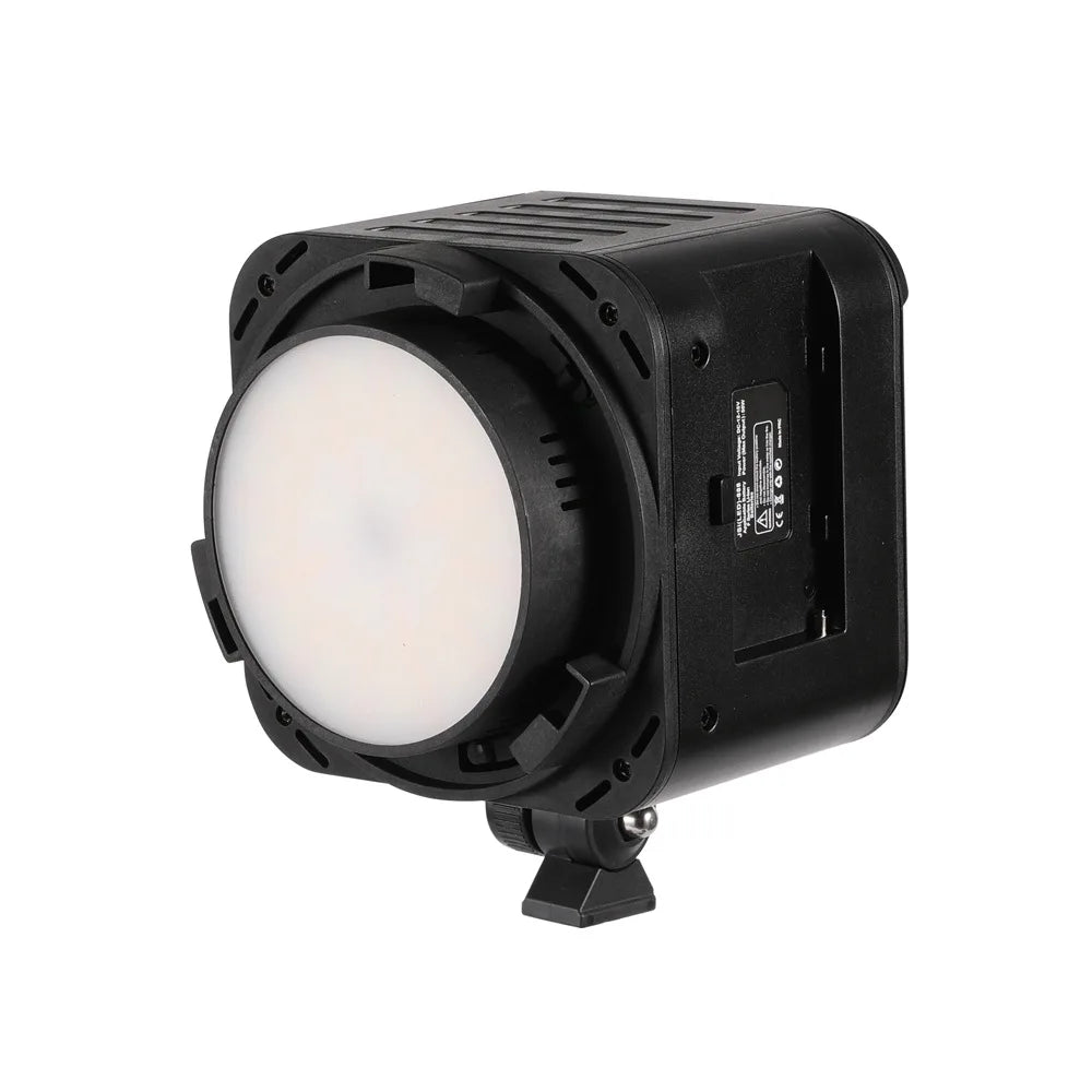 Black portable LED video light with a circular frosted diffuser, mounting base, and square housing for photography.