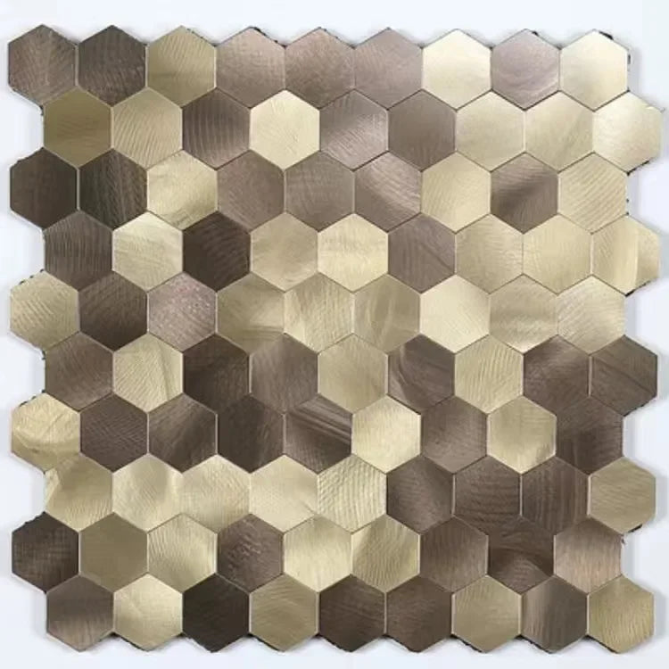 Aluminum hexagon wall tiles in gold, tan, and dark brown alternating pattern