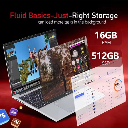 Silver 15.6-inch laptop with thin bezels, black keyboard, trackpad, and side ports against a red background.