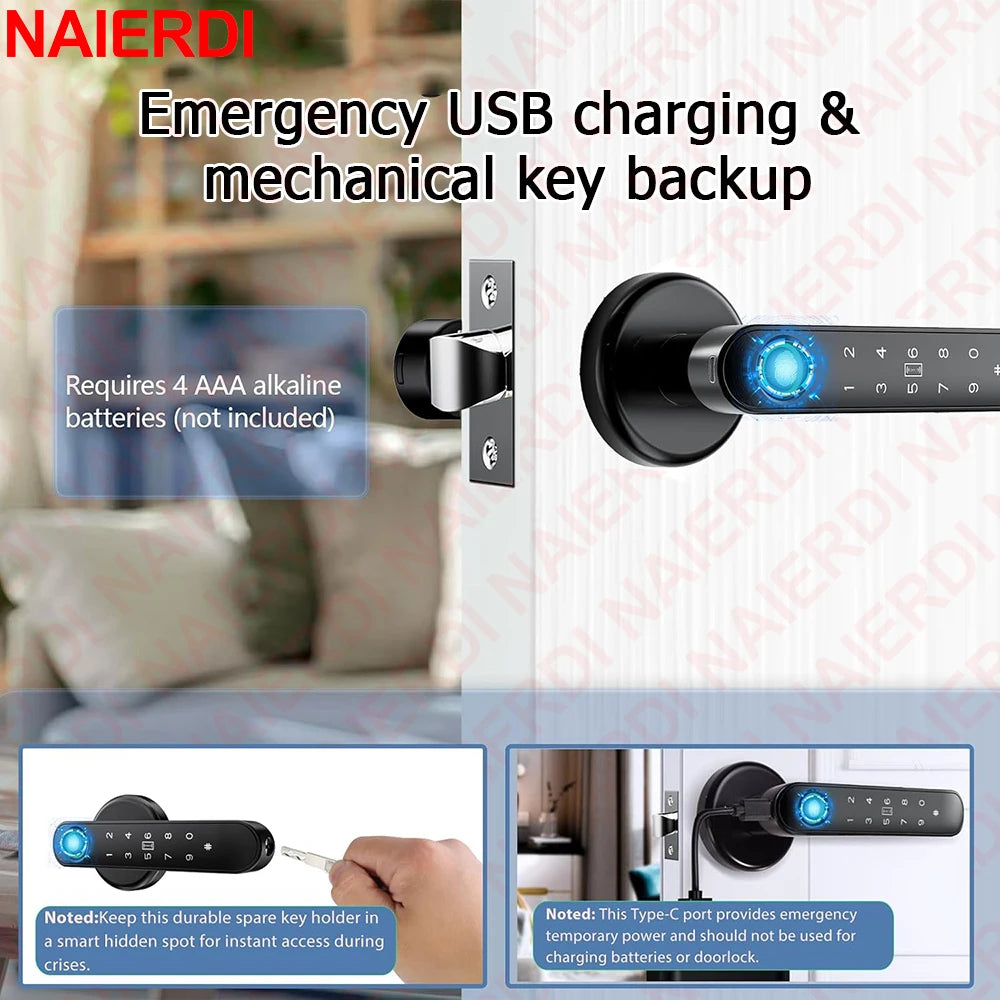 NAIERDI 5-in-1 Smart Fingerprint Door Lock Tuya APP Bluetooth Keypad IC Card Keyless Digital Door Knob for Hotel Office Bedroom