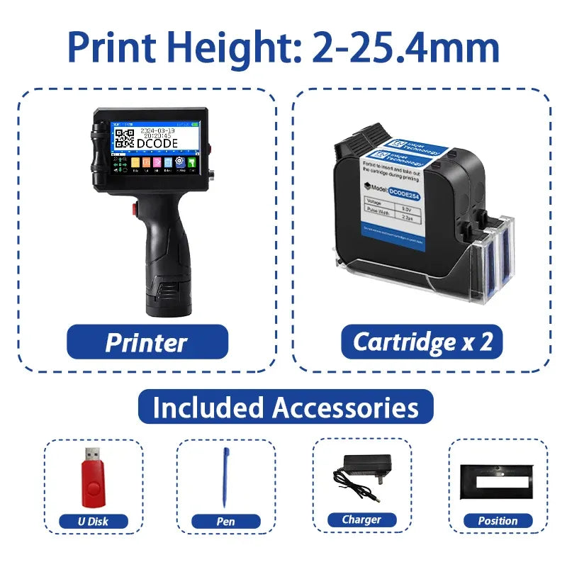 DCODE 1750PLUS-1 25.4mm Handheld Inkjet Printer Portable TIJ Printer Logo Counter Batch Number QR Barcode Date Coding Machine