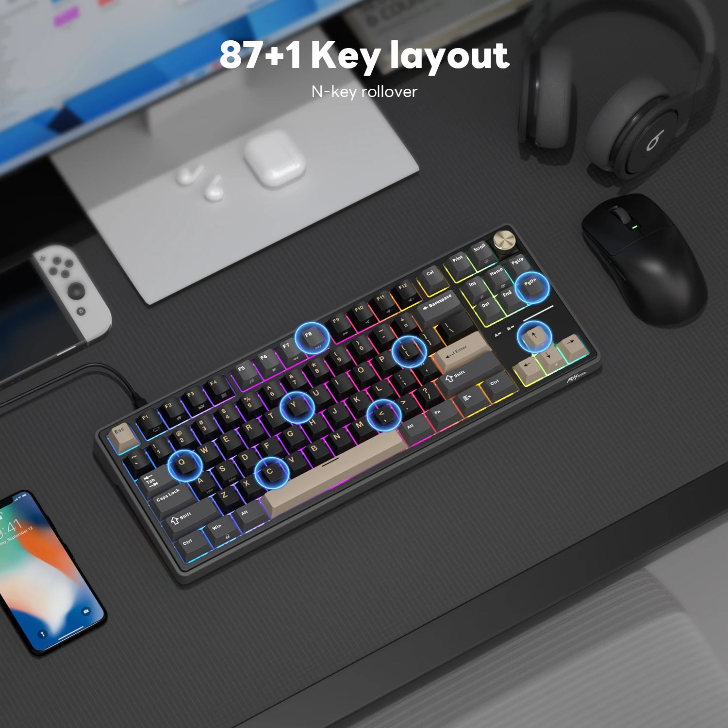 RK Royal Kludge RK R87Pro Gasket Wired Gamer Keyboard Hot-swappable 88 Keys Mechanical Keyboard 88% RGB Backlit With PBT Keycaps