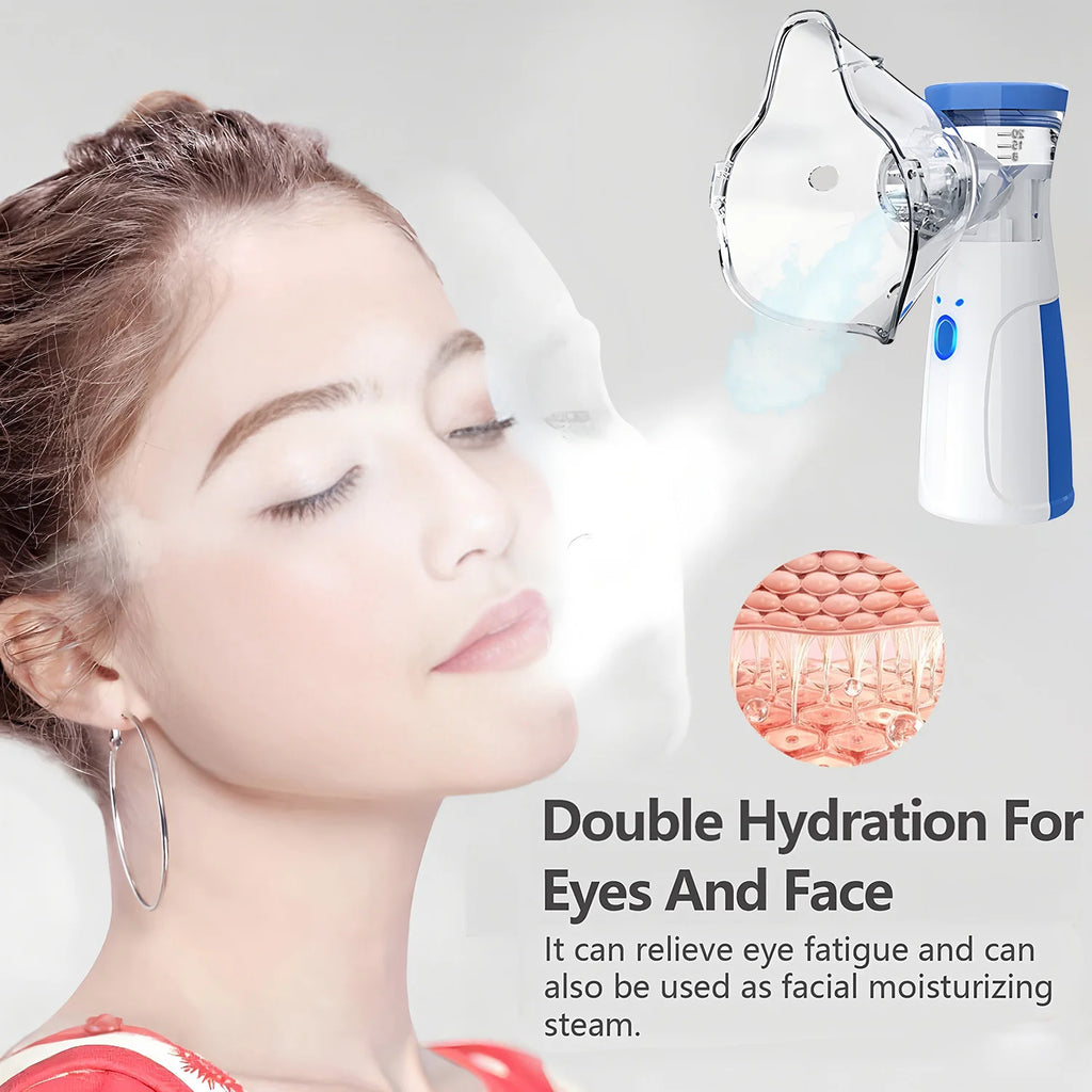 Nano ionic facial steamer with eye mask, white and blue home spa device for deep pore moisturizing and eye fatigue.