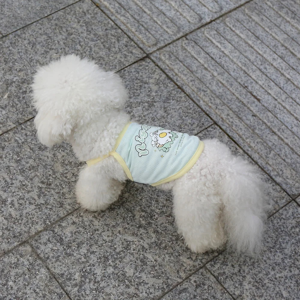 White dog wearing a breathable, light blue ice silk suspender vest for cooling comfort in summer.