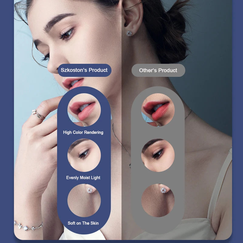 Comparison chart showing makeup application with high color rendering, moisture, and smooth texture on skin.
