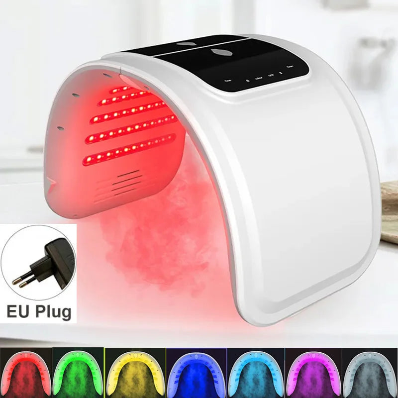 White, arched LED skin rejuvenation device emitting red light and mist, with a black control panel and EU plug.