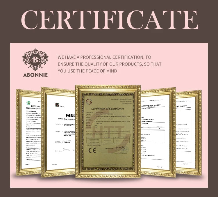 Abonnie brand certification documents displayed in ornate gold frames on a pink background.