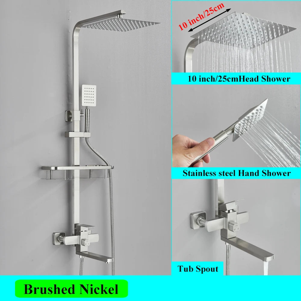 White Bathroom Shower Faucet Set Long Spout Rotation 3 Function Rainfall Headshower With Shelf Hot Cold Shower Mixer Tap System