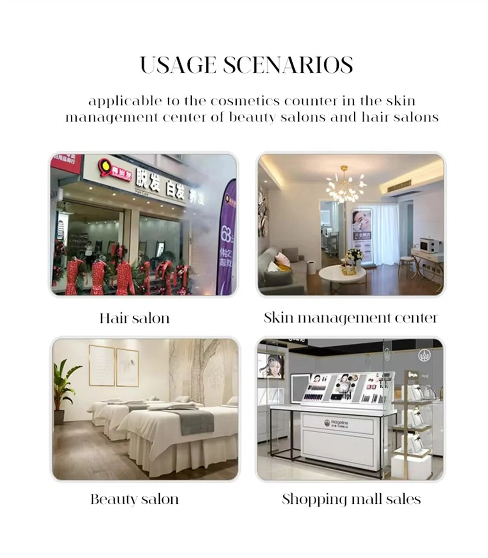 Usage scenarios for professional scalp microscope and hair analyzer device in salons, spas, and retail stores.
