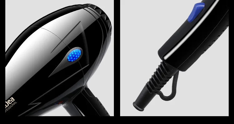 Black 1800W professional hair dryer with blue light, ergonomic handle, and hanging loop for fast salon-style drying.