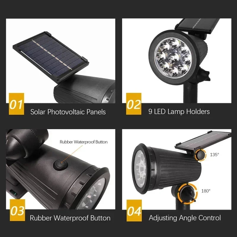 Solar 9 LED Ground Lights Outdoor, IP65 Waterproof Brightness Adjustable Spot Light for Garden Backyard Driveway Patio Decor