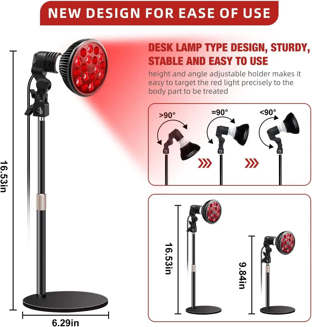 Adjustable red light therapy lamp with stand for skin health, muscle pain relief, and home infrared light treatment.