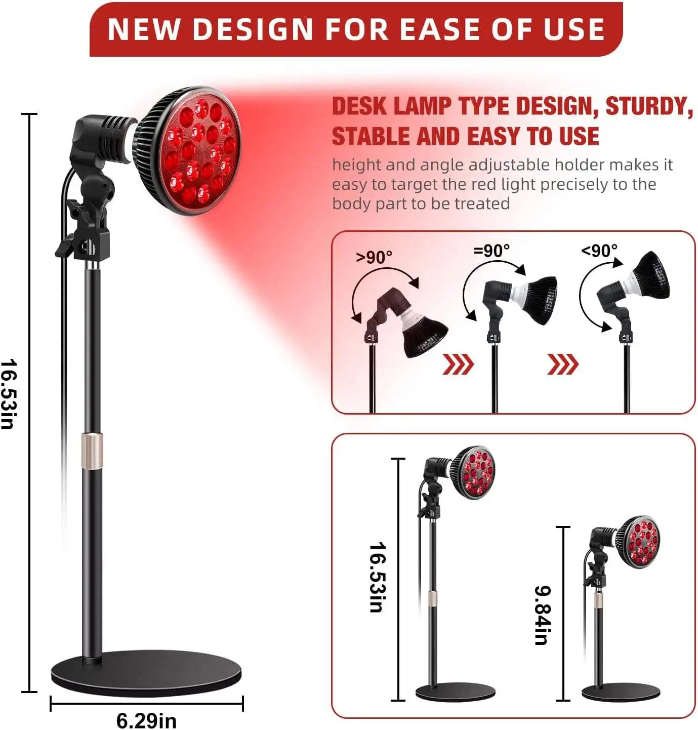 Adjustable red light therapy lamp with stand for skin health, muscle pain relief, and home infrared light treatment.