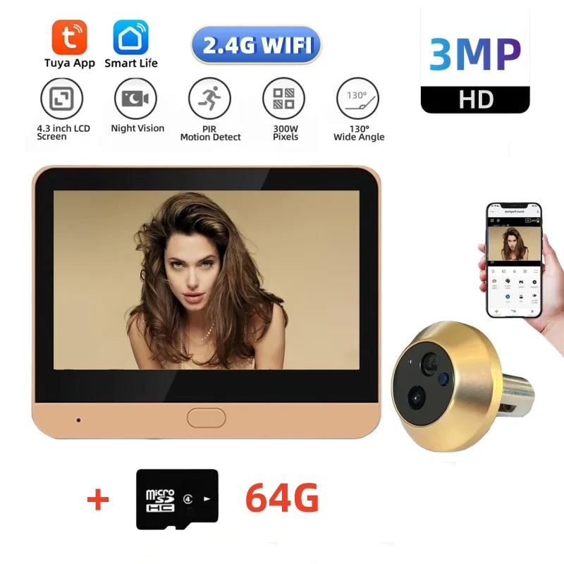 3MP HD WiFi peephole camera set with monitor, gold module, and 64G microSD card