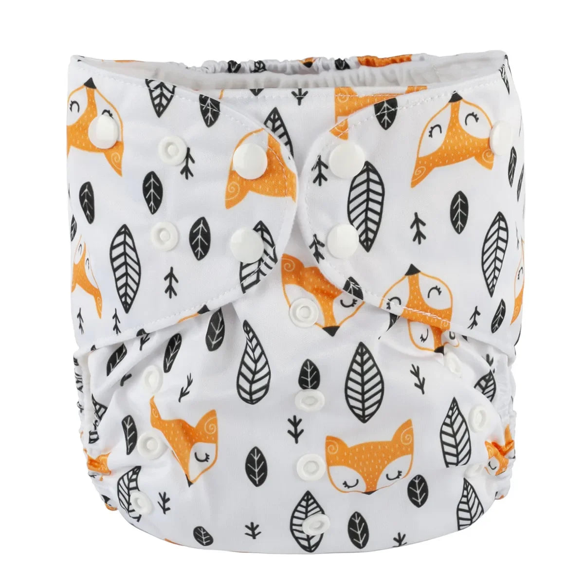 Reusable baby cloth diaper with adjustable snaps, featuring a cute orange fox and leaf print pattern.
